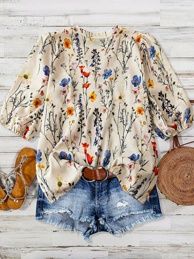 Women's Floral Print Bubble Sleeve Casual Vacation 7/8 Length Shirt Elegant Feminine Summertime Top