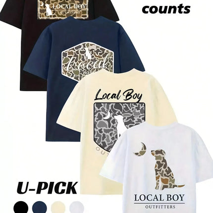U-PICK - 4Pcs Set  Local Boy Outfitters Camo Dog & Moon Graphic Tees |   Hunting Outdoor T-Shirts - Men Cotton Graphic Tee Mens Clothes Can Be Gift