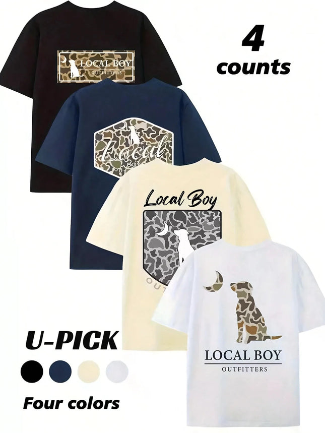 U-PICK - 4Pcs Set  Local Boy Outfitters Camo Dog & Moon Graphic Tees |   Hunting Outdoor T-Shirts - Men Cotton Graphic Tee Mens Clothes Can Be Gift