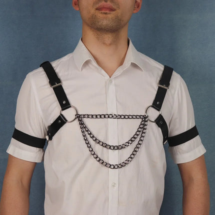 Punk Fashion Harness Men PU Leather Fetish Adjustable Caged Metal Body Chain Gay Clothing Suspenders Rave Belt Gothic Style
