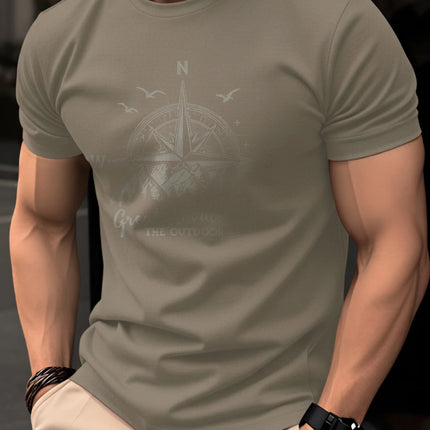 Summer men's 100% pure cotton casual fashionable loose retro compass mountain pattern printed round neck short sleeved T-shirt