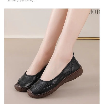 New Real Leather Perforated Ballet Flats Women's Massage Insole Slip On Moccasins Woman Hollow Loafer Casual Daily Shopping Shoe