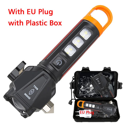 5-in-1 Tactica lLED Flashlight w/ Safety Hammer & Seatbelt Cutter, SOS Strobe,Rechargeable Survival Gear for Outdoor EDC Defense
