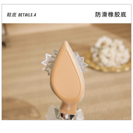 Spring Pointed Toe Party Wedding Shoes for Women, Bride Bow Thick Heel Silver Sequin Fairy Lolita Style Single Shoes