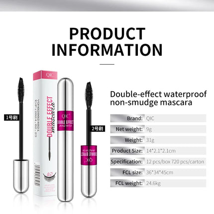 QIC Double Effect 4D Mascara Waterproof Long Curl Natural Thick Eyelash 2-in-1 Black Mascara with 2 Brush Heads