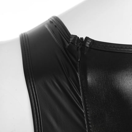 Mens Wet Look Faux Leather Tank Leotard Glossy Sleeveless High Cut Bulge Pouch Bodysuit Latex Wrestling Singlet Clubwear