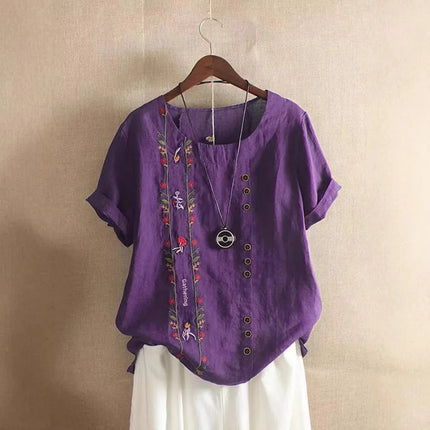 Retro Cotton Linen Short Sleeve Embroidered Flower Women's T-shirt Wish Brand Crew Neck plus Size Shirt from Mainland China