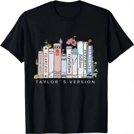 Album Book Graphic T Shirt With Midnights Red Floral Cat Elements Designs, Stylish Casual Short Sleeve Tee For Daily Wear