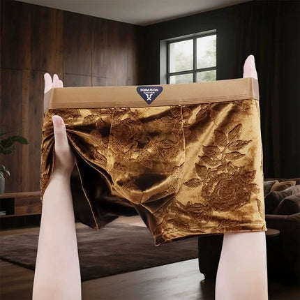 Men's Luxury Velvet Boxer Briefs, Antibacterial Breathable Underwear, Embossed Floral Soft Comfortable Mid-Waist Shorts for Men