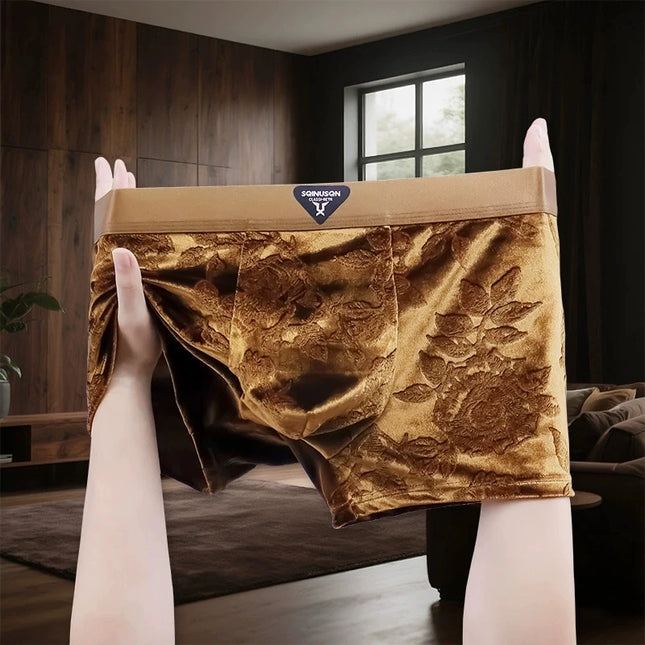 Men's Luxury Velvet Boxer Briefs, Antibacterial Breathable Underwear, Embossed Floral Soft Comfortable Mid-Waist Shorts for Men