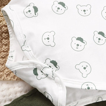 3-24 Months Baby Boy Cute Little Bear Printed Clothing Set White Long Sleeved Top+Green Strap Pants Autumn Set for Toddler Girl