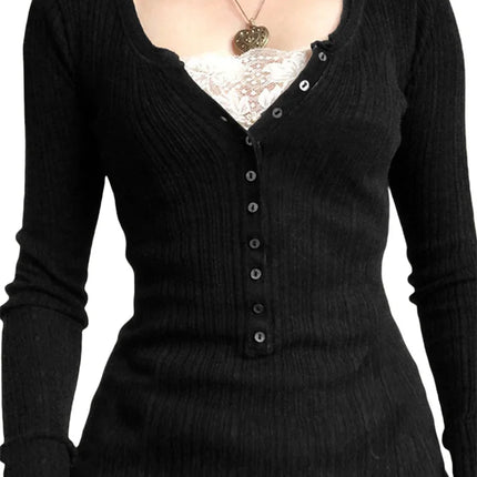 Women Button Front Knit Tops Long Sleeve Lace Patchwork Slim Fit Sweater Fall Fairy Grunge Gothic Y2K Clothes