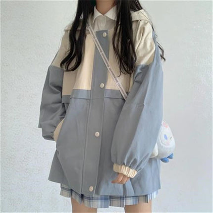 Fashion Cute Charm Outdoors Oversized Blue Series Hoodie Button Women Street Fashion Clothing Retro Simple Pullover Sweatshirt