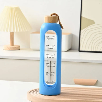 New 32oz 1L Time-marked Glass Water Bottles Bamboo Lid Free of Lead Motivational Sport Silicone Sleeve Portable Drink BottleGift