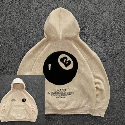 Retro 8-ball pattern hooded men's streetwear,oversized pullover, casual and fashionable sportswear, daily wear and hip-hop style