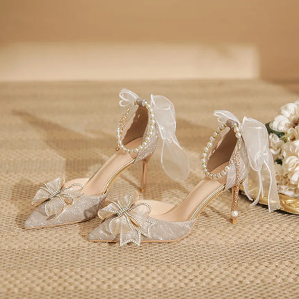 Spring Pointed Toe Party Wedding Shoes for Women, Bride Bow Thick Heel Silver Sequin Fairy Lolita Style Single Shoes