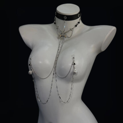Women's Erotic Collar with Chain and Nipple Clamps in One Piece Tassels Cross/Skull Charms Goth BDSM Body Jewelry Adult Sextoy