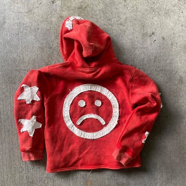 star pattern patchwork sweater letters long-sleeved pullover hoodie loose and fashionable trendy original street style vintage