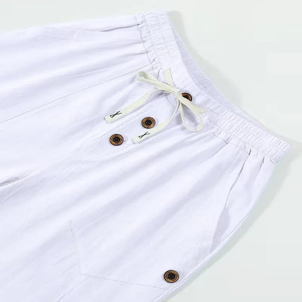 Men's Linen Drawstring Pants Casual Button Detail Elastic Waist Breathable Beach Vacation Daily Wear Straight Leg Trousers for M