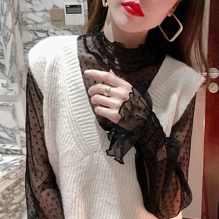 Women's Black Lace Flared Sleeve Slim Fit T-Shirt Long Sleeve Round Neck Base Shirt Fashion Kimono Bottoming Top for Women