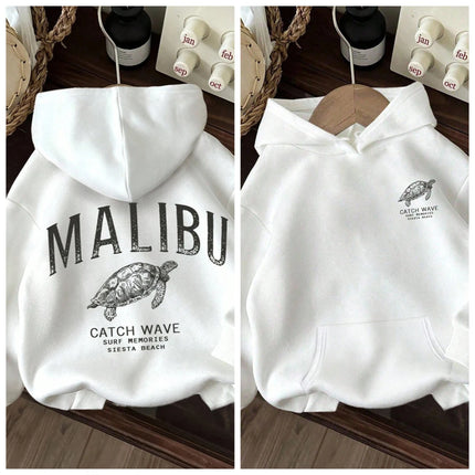 Womens Cotton Hoodie Dark Blue Color Sea Turtle Print Front Small Back Large Design Loose Fit Autumn Winter Warmth Casual