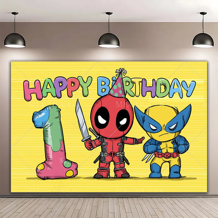 Superhero Deadpool and Wolverine Themed Customized Boy's Birthday Party Decoration Banner With Portrait Photography Studio Props