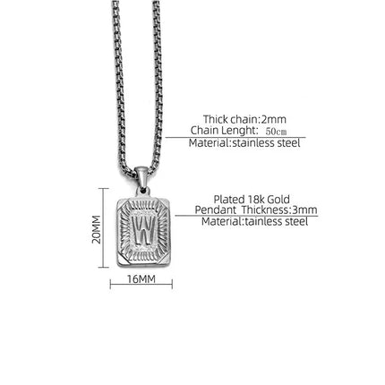 Men's 18K Gold Square Double-Sided 26 English Letter Pendant Titanium Steel Jewelry Necklace