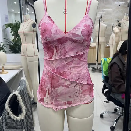 Women Summer Vintage y2k Aesthetic Crop Tops Floral Print Boho Sleeveless Spaghetti Strap Mesh See Through Coquette Tanks Camis