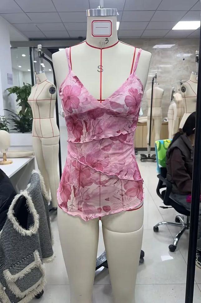 Women Summer Vintage y2k Aesthetic Crop Tops Floral Print Boho Sleeveless Spaghetti Strap Mesh See Through Coquette Tanks Camis