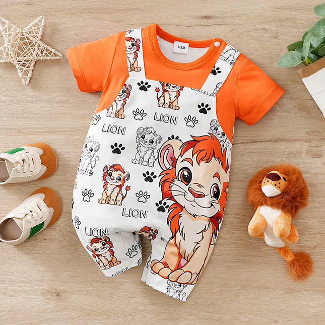 2025 Newborn 0-18 Months Boys and Girls Baby Short-Sleeve Romper Cute Lion Print with Faux Two-Piece Design Baby Clothes Summer