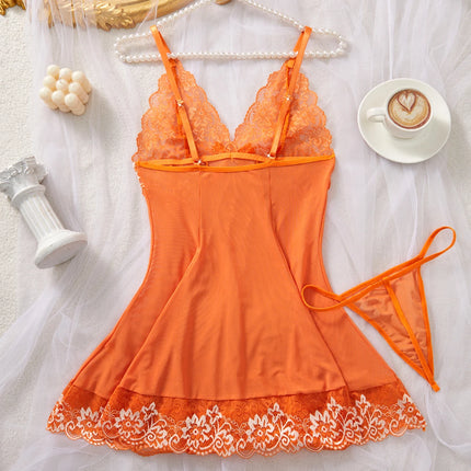 Orange Women Lace Dress Temperament Halter Seduction Lingerie Summer Sexy Thin Sensual Sleepwear Sets Nightwear Alluring Pajamas