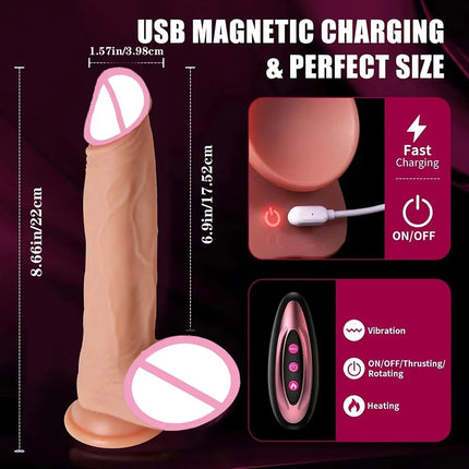 9inch Realistic Silicone Dildo Vibrator with Thrust Function G-Spot Anal Butt Plug 10 Thrust Modes 10 Vibration Settings for Ple