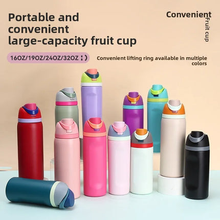 16/19/24/32oz Thermos Cup Fruit Mug Kids Straw Cup Vacuum Flasks Stainless Steel Travel Thermal Water Bottles