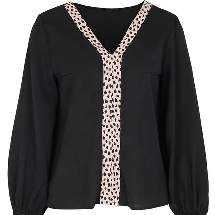 Plus Size Contrast Trim Blouse, Elegant V Neck Long Sleeve Blouse For Spring & Fall, Women's Plus Size Clothing