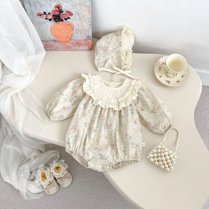 5372-1 Newborn Clothes 2025 Spring New Retro Floral Baby Girl's Bag Fart Clothes Big Lace Climbing Clothes with Hat