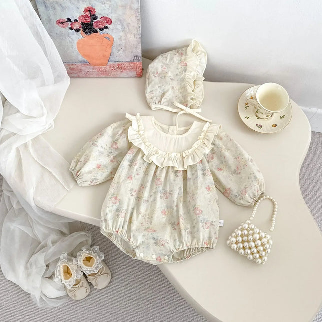 5372-1 Newborn Clothes 2025 Spring New Retro Floral Baby Girl's Romper Big Lace Climbing Clothes with Hat