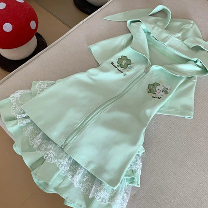 Japanese Cute Rabbit Ears Slim Hoodies Female Green Sweet Short-sleeved Outfits Women Summer Subculture Y2k Otaku Tops 2025 New