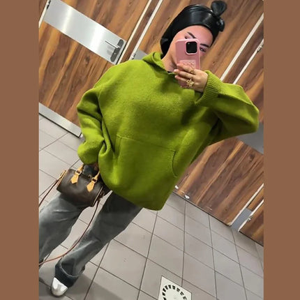 Casual Knitted Women's Sweater Hooded Solid Loose Big Pocket Thicken Lady Sweaters 2026 Spring Fashion Female Street Outwear