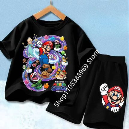High Quality Kids 2Pcs Set Marios Cartoon Short Sleeve T-Shirt + Elastic Waist Shorts Comfortable Summer Children Clothing Suits