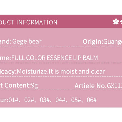 Gege Bear Hydrating Tinted Lip Essence — Moisturizing Water-Gloss Finish, Korean-Style Youthful and Flawless Look Lip Balm