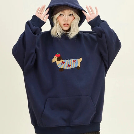 Women Sweatshirt Streetwear Couples Tops Casual Loose Hoodie Autumn Winter Cartoon Dog Embroidery Hooded Pullover