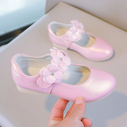 Autumn Girl's Mary Janes Appliques Low Heel Beautiful Kids Princess Shoe Three Colors Pointed Toe Breathable Children Shoe 26-36