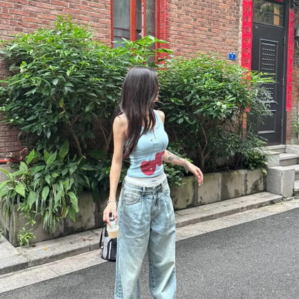 Blue Cherry Print Crop Top Women's Summer Slim Fit High Street Short Zipper Trendy Strap Vest Sweet Style 8-24 Years Old