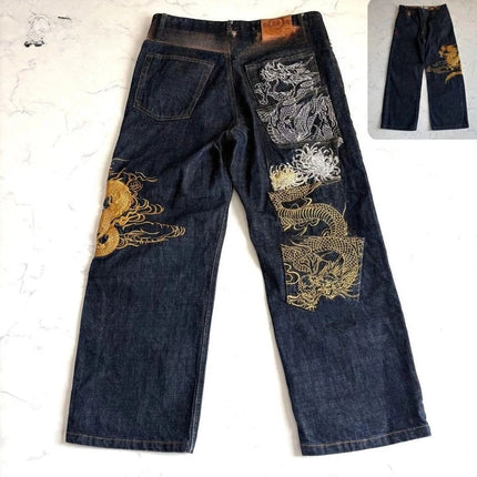 Vintage Japanese Selvedge Jeans Man Y2K High-end Brand Natural Indigo Dip Dyeing Harajuku Mopping Pants
