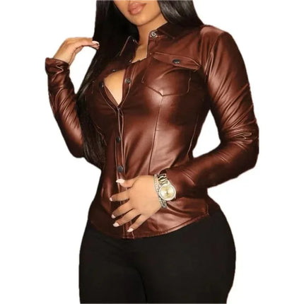 Plus Size Women's Slim V-neck Button Pocket PU Leather Shirt Temperament Single-breasted Long-sleeved Shirt POLO Collar Shirt