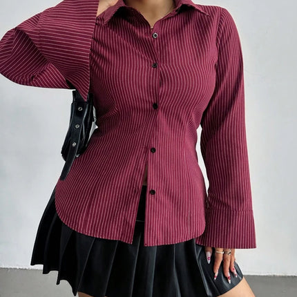 Plus Size College Stripe Slim Long Sleeve Shirt Fashion Graduation Season Long Sleeve Shirt Collar 2025 New