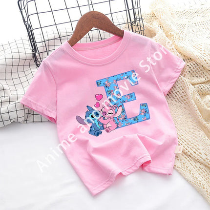 Stitch Disney T Shirt for Girls Children Clothes Tops Children's Clothing Letter A-Z Cotton Short Sleeve Summer Child Cute Gifts