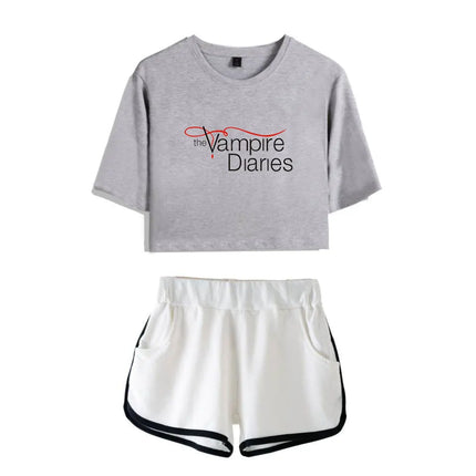 Fashion Youthful The Vampire Diaries Short Sleeve Women Sexy Shorts+lovely T-shirts Dew navel Pretty Girl suits Two Piece Set
