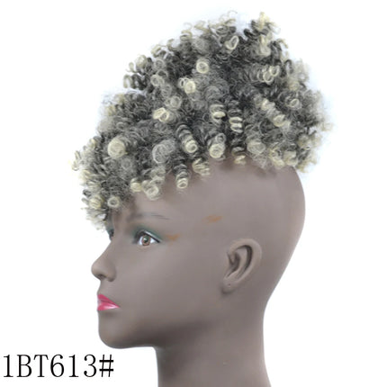Afro Puff Updo Hair with Bangs Drawstring Ponytail Black Kinky Curly Ponytail Bun with Bangs Synthetic Hairpiece For Women