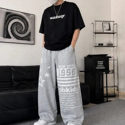Men's Retro Letter Star Print Casual Pants Cool Boy Summer Bottom Wide Legs Sweatpants Male High Waist Unisex Baggy Y2k Trousers